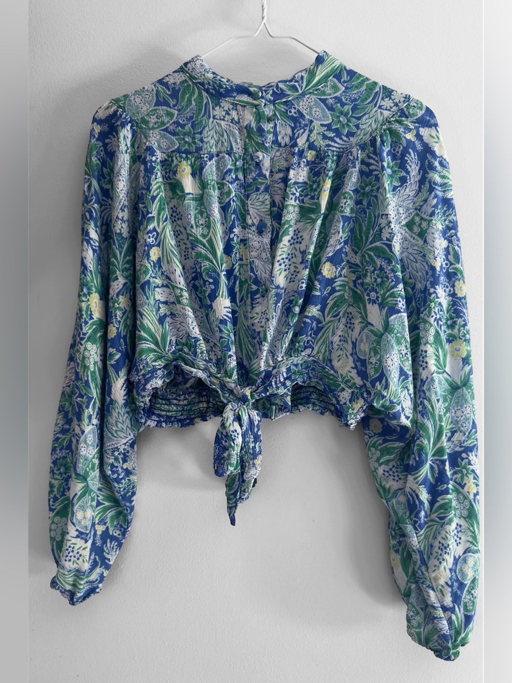 Rachel Rachel Roy Floral Crop Top M Blue Green Tie Front Balloon Sleeve